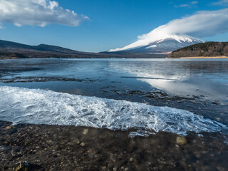 富士山と凍った山中湖