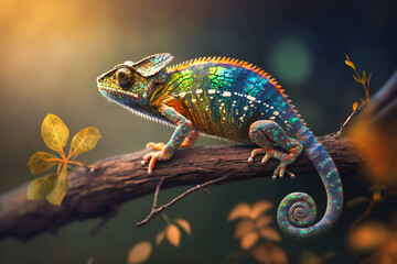A colorful chameleon clings to a branch, its ever-changing hues blending seamlessly into the foliage