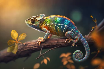 Foto op Canvas A colorful chameleon clings to a branch, its ever-changing hues blending seamlessly into the foliage © Nilima