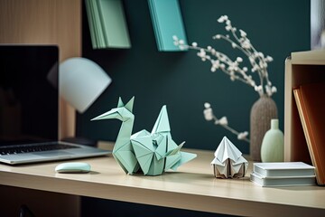 Office place in the home with a mock up laptop, supplies, and an origami swan close to a mint green wall. Detailed shot of a modern homeschooling setting. Generative AI
