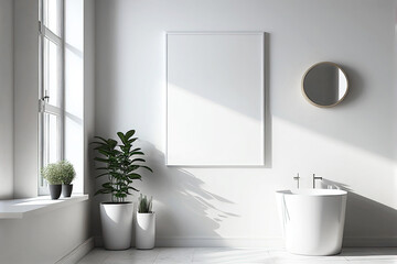 Modern minimalist white bathroom as interior design concept illustration with white empty picture frame mock-up for poster design (Generative AI)
