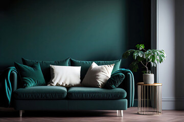 Modern monochrome green living room with sofa as interior design concept illustration with blank wall (Generative AI)