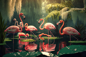 A flock of pink flamingos wades in a shallow lagoon, their reflections mirrored on the water's surface