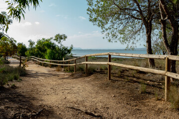 Fototapeta na wymiar Landscape of a Natural Park with a wooden fence and a lake at the bottom. Torrevieja, Spain