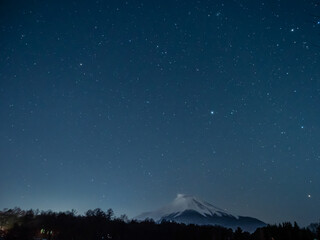 山中湖のほとりから見た富士山と星空