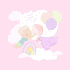 Cute Cartoon Kids kissing in the Sky