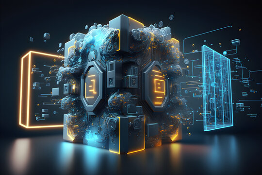 Digital space. Futuristic databases and artificial intelligence concept. Abstract 3D illustration of quantum megacomputer