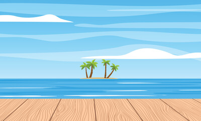 Fototapeta na wymiar Wooden planks with a view of the sea and palm trees on the horizon. Small island. Vector background illustration.