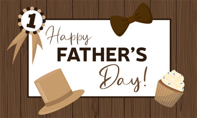 A sign that says happy fathers day on it. Banner with man elements for Father's Day. Vector illustration