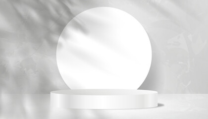 3D White podium for whitening beauty skincare products display backdrop with natural shadow leaves on cement wall,Empty Studio templates with Sunlight and foliages leaf shadow on marble floor