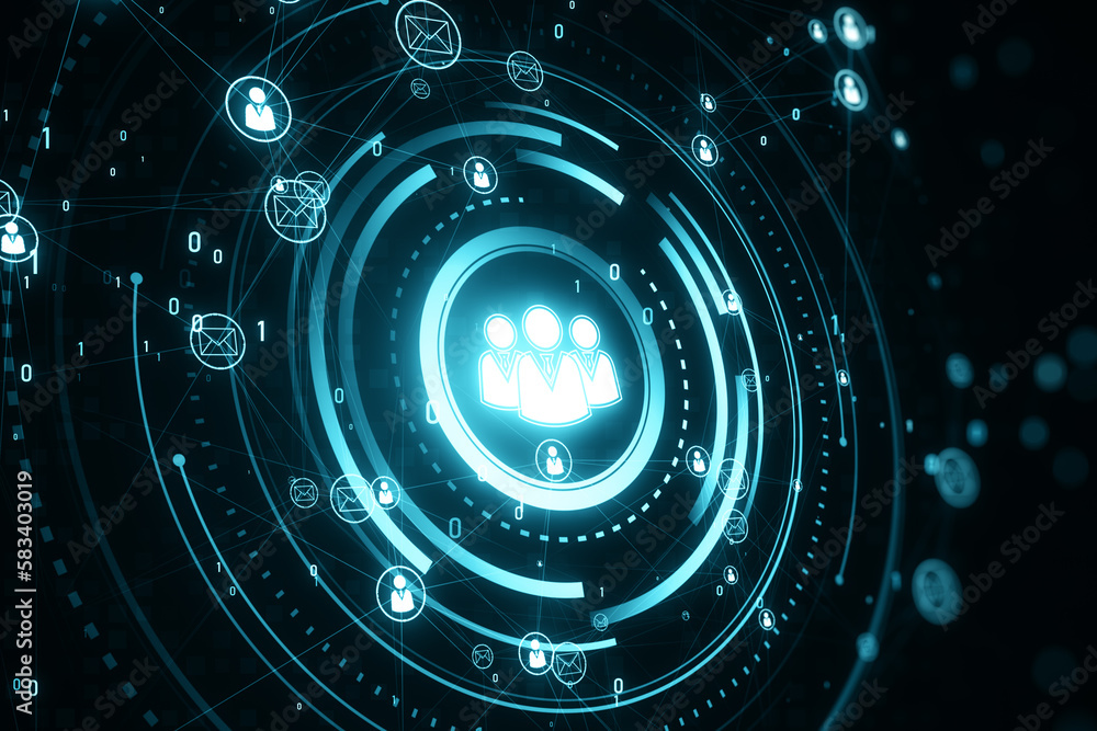Poster Glowing people icons. Creative global structure networking and data exchanges customer connection hologram on dark backdrop. 3D Rendering.