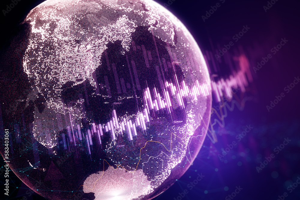 Aufkleber abstract purple globe with forex chart on blurry background. finance statistics and data analytics. 