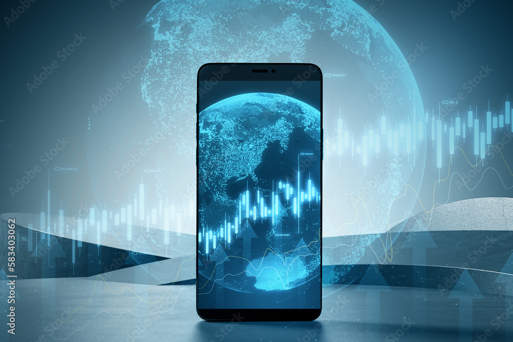 Poster Close up of smartphone with abstract globe and forex chart on blurry background. Finance statistics and data Analytics. Stock exchange market, investment, finance and trading. Double exposure.