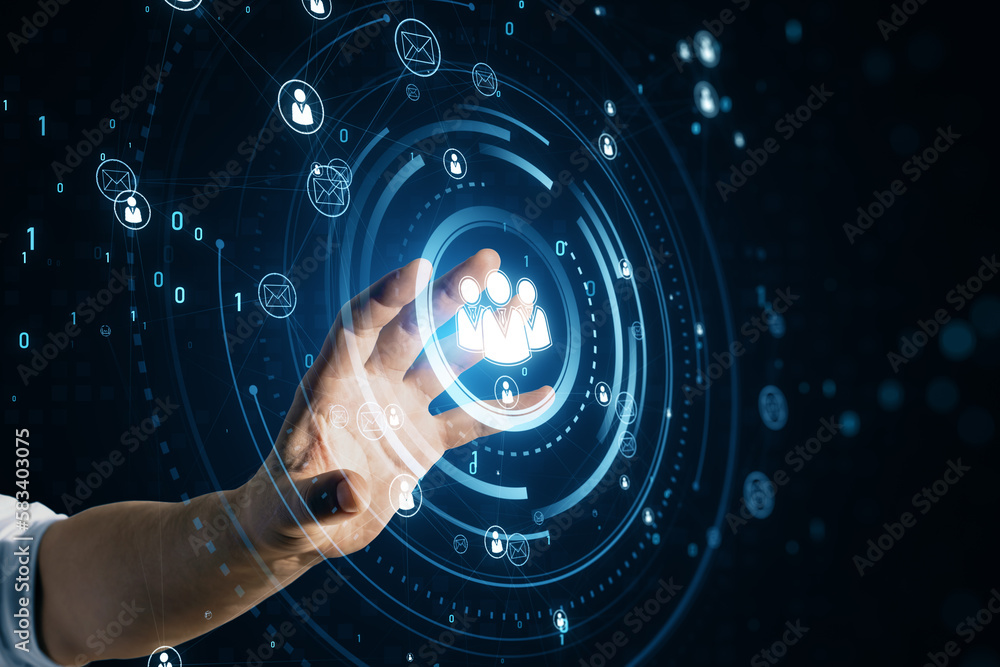 Poster Close up of man hand using glowing people icons hologram. Creative global structure networking and data exchanges customer connection on dark background.