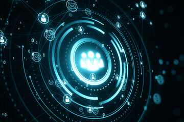 Glowing people icons. Creative global structure networking and data exchanges customer connection hologram on dark backdrop. 3D Rendering.