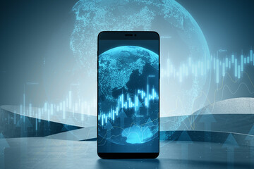 Close up of smartphone with abstract globe and forex chart on blurry background. Finance statistics and data Analytics. Stock exchange market, investment, finance and trading. Double exposure.