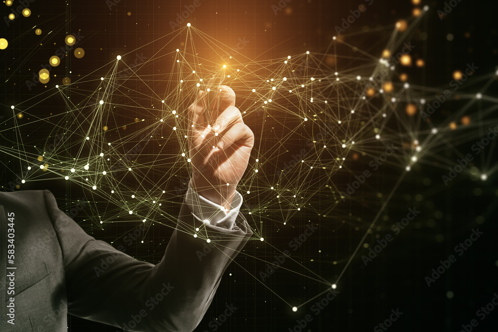 Poster Close up of businessperson hand pushing and using glowing polygonal mesh interface on dark background. Technology and network concept.