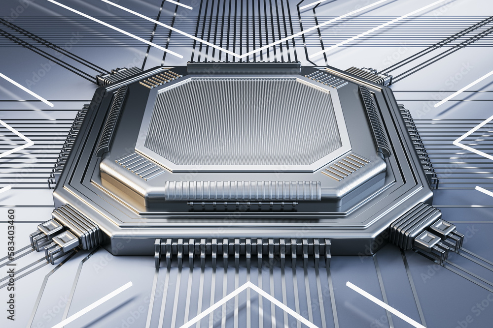 Poster Abstract empty silver chip on metal background with lines. Mock up place. Technology and motherboard, computer and hardware concept. 3D Rendering.