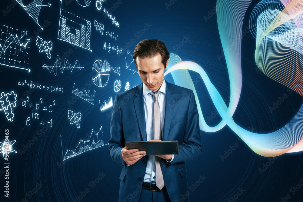 Poster Portrait of attractive young european businessman using tablet with glowing mathematical formulas hologram on blurry blue background. Equation, digital data and mathematics app concept.