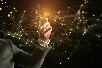 Close up of businessperson hand pushing and using glowing polygonal mesh interface on dark background. Technology and network concept. © Who is Danny