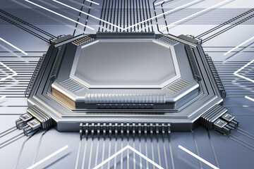 Abstract empty silver chip on metal background with lines. Mock up place. Technology and motherboard, computer and hardware concept. 3D Rendering.