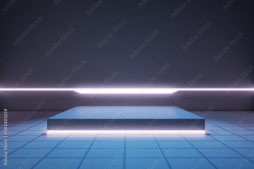 Poster Abstract interior with pedestal, tile floor and empty mock up place. 3D Rendering.