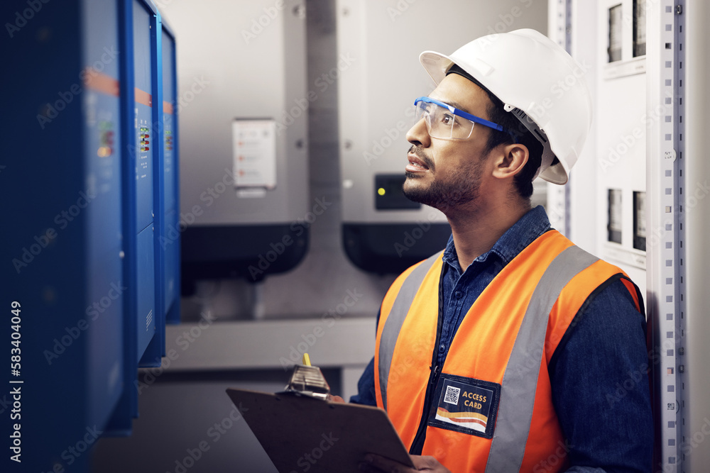 Sticker man, engineering and technician in control room, box inspection and machine maintenance on clipboard