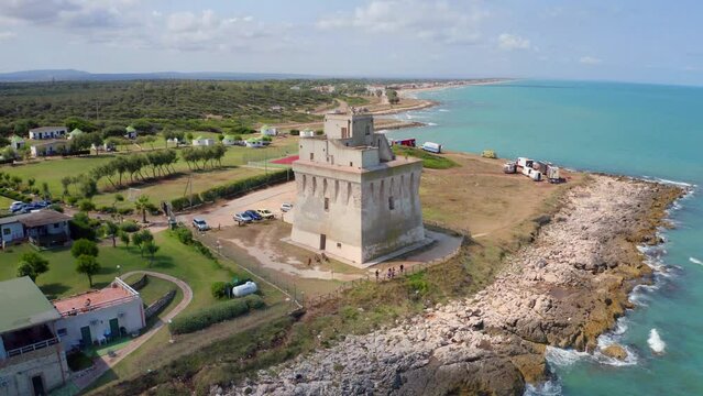 4K aerial - a bird's eye view&nbsp;video (Ultra High Definition) of Torre Mileto tower. Spectacular morning scene of Apulia, Italy, Europe. Traveling concept background.