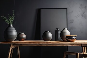 With a few vases and black obsidian stone, a minimalist interior design provides copy space. Generative AI
