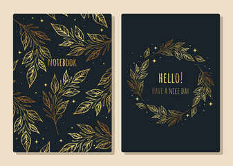 Cover gold design with leaves pattern. Applicable for notebook cover, planner, brochure, book, catalog etc. 
