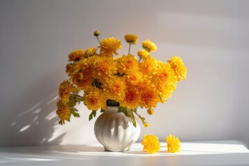 a vase of yellow chrysanthemums on a white shelf against a white background. Generative AI