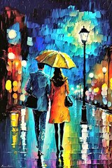 Lovers in the moonlight, abstract, beautiful, multi coloured cityscape, ai, generated, ai generated illustration