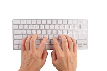Closeup of business woman hand typing on laptop keyboard with mouse on transparent background