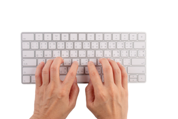 Closeup of business woman hand typing on laptop keyboard with mouse on transparent background