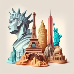Obraz premium A collage of famous landmarks including the Eiffel tower, the statue of liberty, Tajmahal, great wall. generative AI