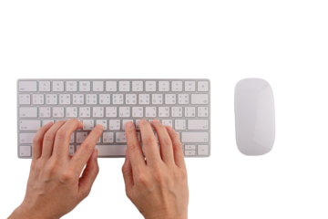 Closeup of business woman hand typing on laptop keyboard with mouse on transparent background