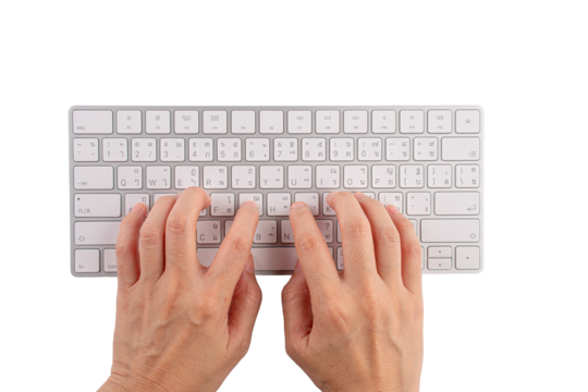 Closeup of business woman hand typing on laptop keyboard with mouse on transparent background