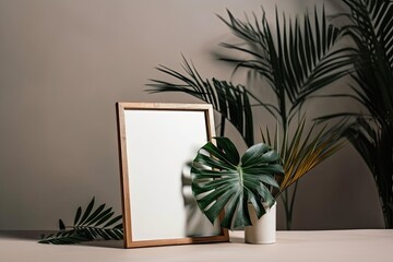 frame with a palm leaf in it. a mockup. Generative AI