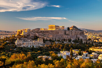 Last light of the day on the Acropolis of Athens, Attica, Greece. You can also see the the Herodeum.. View from Philopappos ("Filopappos") hill.