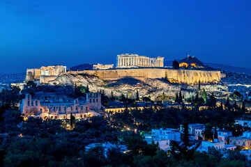 The Acropolis of Athens in the "blue hour". You can see the Parthenon, the Erectheion and the Propylaea. You can also see the Herodeum.
