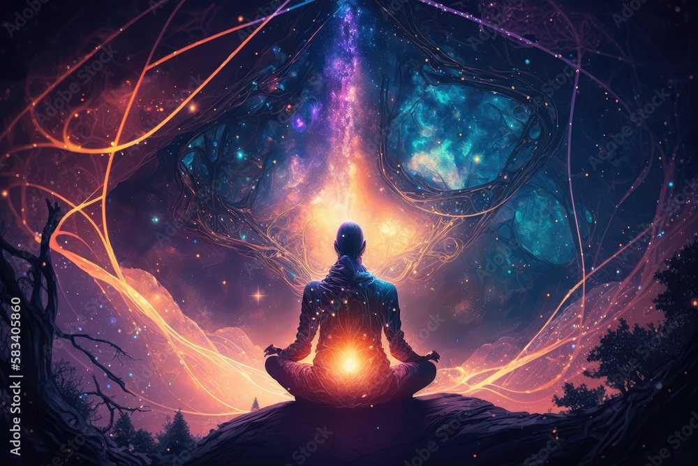 Wall mural person, meditating and connecting with the energy of the universe, bringing peace and harmony in their life, created with generative ai