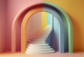 3d render illustration in modern geometric style Arch and stairs in trendy minimal interior Gradient pastel colors background Abstract composition, Generative AI
