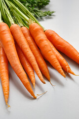 A bunch of fresh orange organic carrots with green stem and leaves on a gray background.	