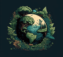 Planet in greenery on dark background - symbol conservation and protection environment for Earth Day. Concept to save green world. Generative AI
