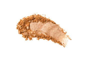 Bronzer, eye shadow smear isolated on white background. Golden glittering eye shadow color swatch.