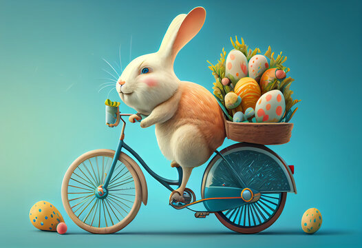 A cute cheerful rabbit holds an egg and rides a bicycle on the occasion of the Easter celebration. creative illustration Generative AI