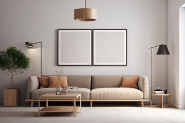 Interior design of a contemporary room with a sofa, pillows, light, and frames. Generative AI