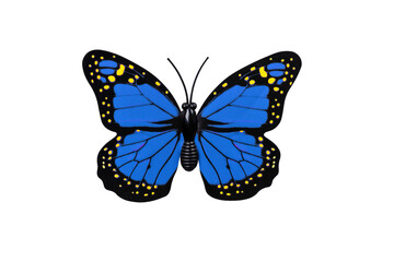 Blue butterfly isolated on transparent background top view. Blue butterfly with yellow spots as an element for design.