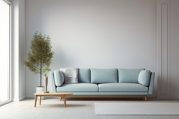 The couch is in the living room in front of the blank wall, which is a prototype element for a modern home design. Generative AI