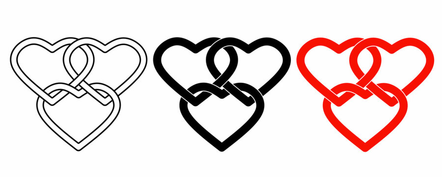 outline silhouette three heart linked icon set isolated on white background